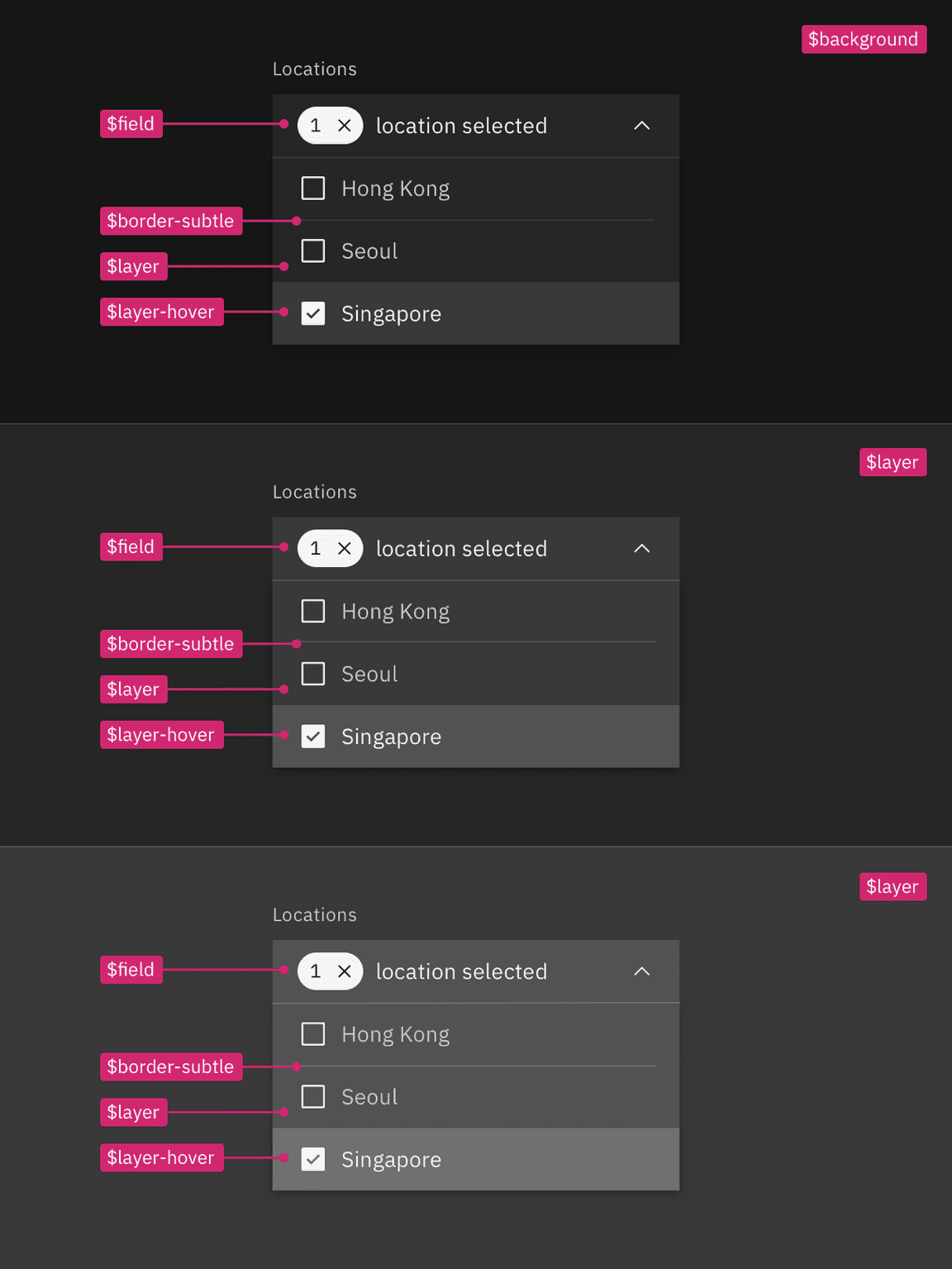 Layer set tokens applied to dropdown in the Gray 100 theme Layer set tokens applied to dropdown in the Gray 100 theme