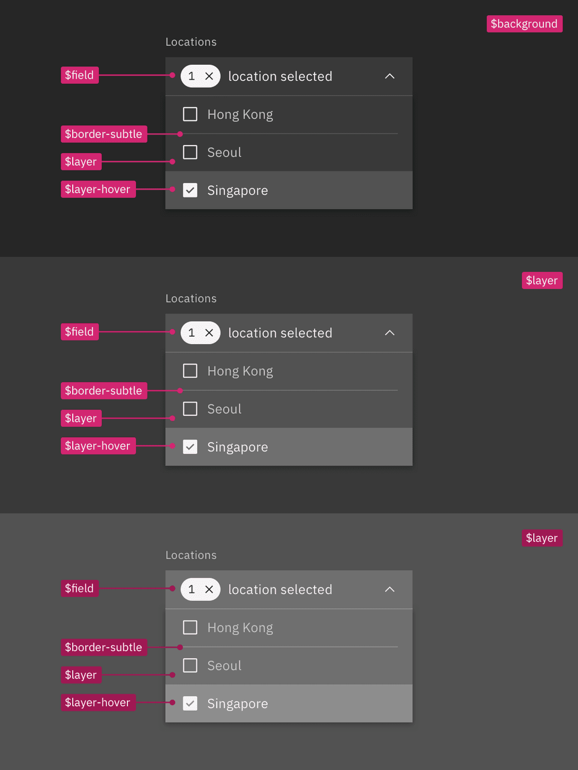 Layer set tokens applied to dropdown in the Gray 90 theme Layer set tokens applied to dropdown in the Gray 90 theme
