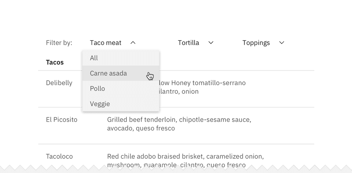 Example of a single selection filter in an inline dropdown Example of a single selection filter in an inline dropdown