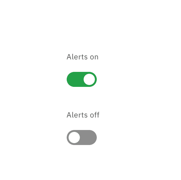 The toggle changing its label from 'Alerts on' to 'Alerts off' The toggle changing its label from 'Alerts on' to 'Alerts off'